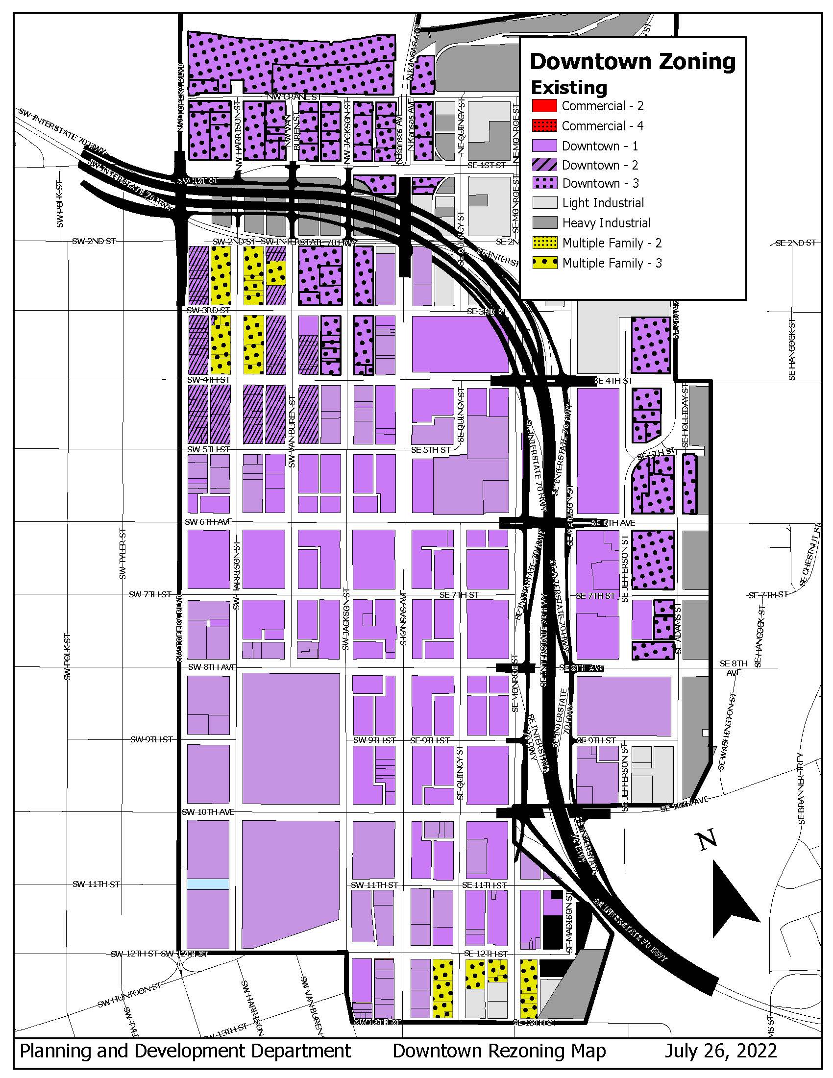 A map of the downtown D zoning districts