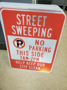 Street Sweeping | No Parking This Side 7AM-2PM | Help Keep our City Clean